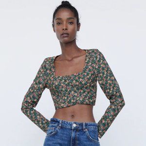 Zara Crop Top Floral Square Neck Long Sleeve Sz S